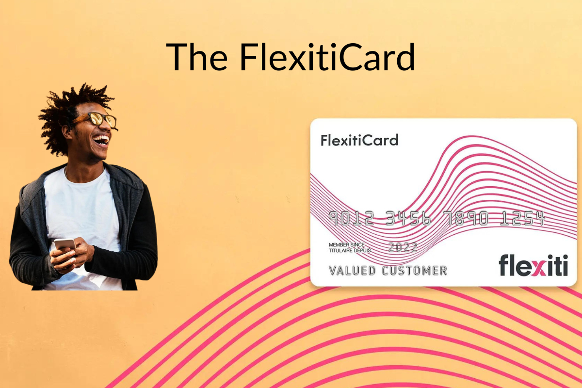 person laughing while using his phone next to a flexiti credit card